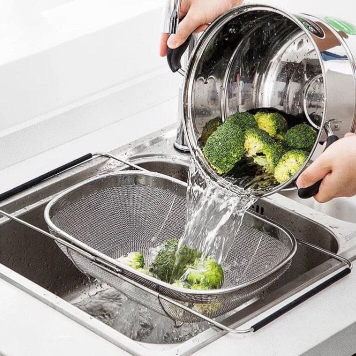 Stainless Steel Drain Basket, Micro Perforated Colander Strainer Basket, Over the Sink Fine Mesh Basket Stainless Steel Drain Basket, Micro Perforated Colander Strainer Basket, Over the Sink Fine Mesh Basket